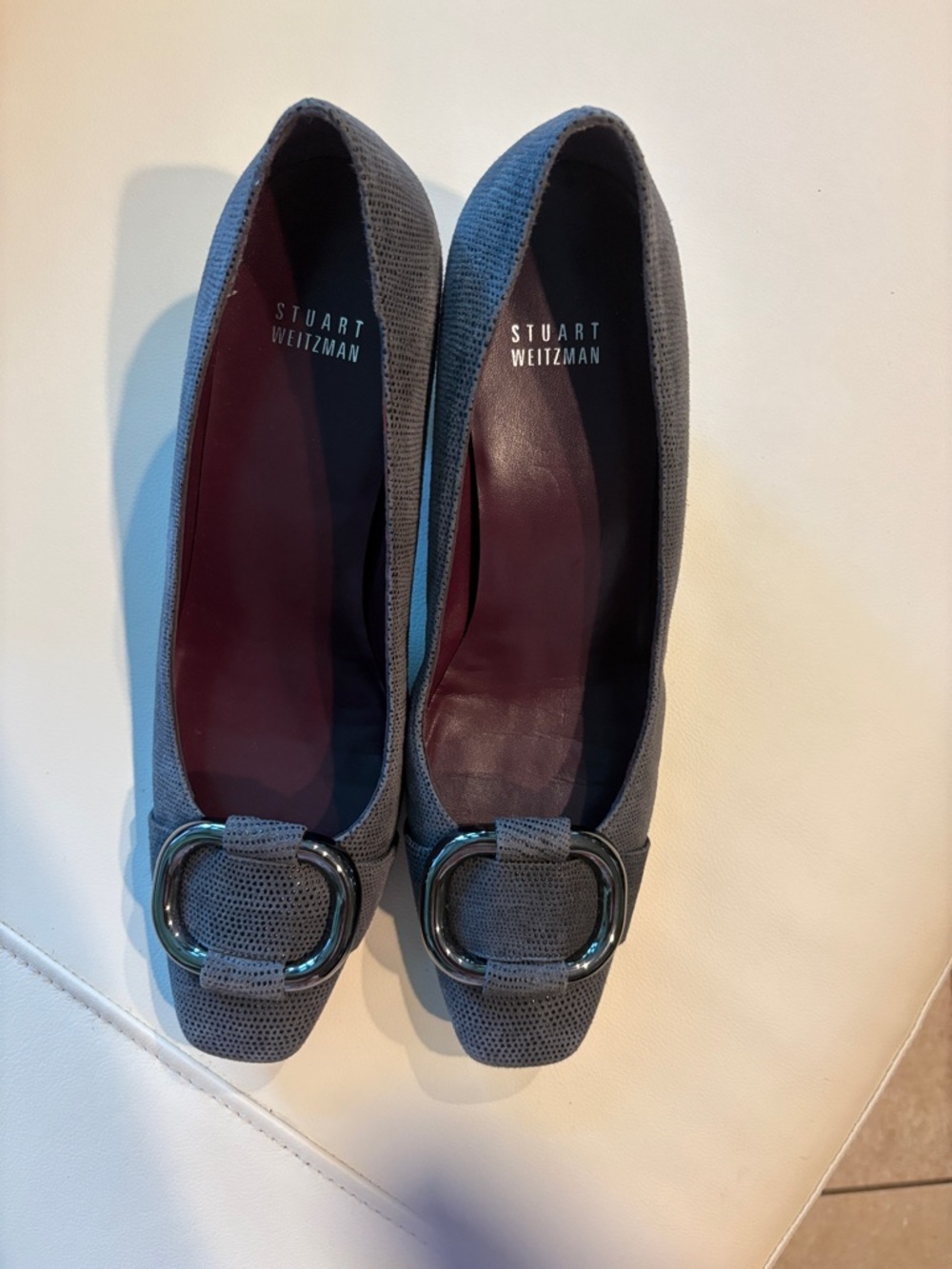 Stuart Weitzman Gray Pointed-Toe Flats with Buckle